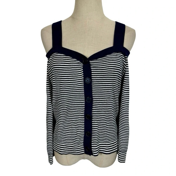 Anthropologie Krissy Striped Cold Shoulder Cardigan Navy - Picture 3 of 8